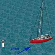 Sailboat navigating upwind near buoy, with wind direction indicated by arrow. Red hull, calm blue water setting.