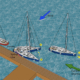 Diagram illustrating sailboats docking with wind and current directions. Includes fender and spring line usage for safety.