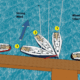 Sailboat docking with wind, showing three positions. Wheel to port, tiller to starboard. Strong wind direction indicated.