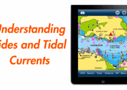 Tablet displaying a nautical chart app for understanding tides and tidal currents with coastal navigation features.