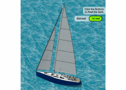 Sailing yacht on open blue water with options to reef mainsail and first reef visible.