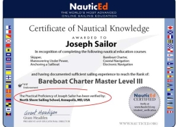 The NauticEd Sailing Certificate displaying the optional Proficiency Verification