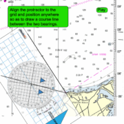Nautical chart with a protractor aligned for course plotting, showing bearings between two points.