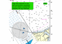 Nautical chart with a protractor aligned for course plotting, showing bearings between two points.