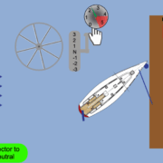 Sailing diagram showing boat docking with wind direction, throttle control, wheel, and fuel station at the dock.