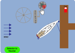 Sailing diagram showing boat docking with wind direction, throttle control, wheel, and fuel station at the dock.