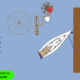 Sailing diagram showing boat docking with wind direction, throttle control, wheel, and fuel station at the dock.