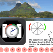 Sailing exercise: Adjust course by 30 degrees towards wind. Mountainous island backdrop, sailing gauge shown.