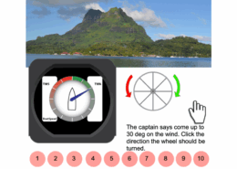 Sailing exercise: Adjust course by 30 degrees towards wind. Mountainous island backdrop, sailing gauge shown.