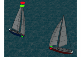 Two sailboats navigating near each other with colored navigation lights on a calm sea.