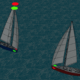 Two sailboats navigating near each other with colored navigation lights on a calm sea.