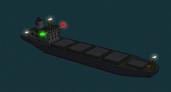 A large Power vessel displaying two mast head lights.