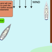 Sailing diagram shows wind direction affecting boat movement downwind near dock. Text and continue button visible.