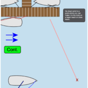 Sailing instructions: maneuvering dock approach on beam reach, downwind position marked with arrows and red line.