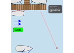 Sailing instructions: maneuvering dock approach on beam reach, downwind position marked with arrows and red line.