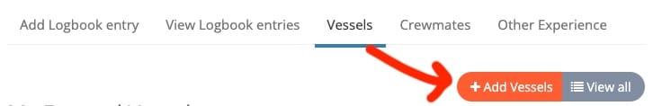 Screenshot of a navigation menu with Vessels highlighted and arrow pointing to + Add Vessels button.