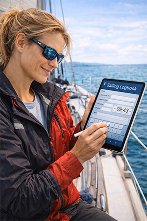logbook Person using a tablet for sailing logbook entry on a sailboat, wearing sunglasses, focused on digital navigation at sea.