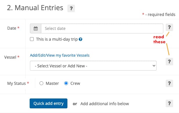 Sailing log entry form with fields for date, vessel, and status (Master/Crew) highlighted for input.