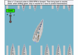 Sailboat docking sequence with RPM instructions. Gear lever in neutral. Ensure 2-sec gear pause for safety.