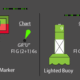 Diagram showing a lighted marker and buoy with flashing green signals and chart labels for navigation guidance.
