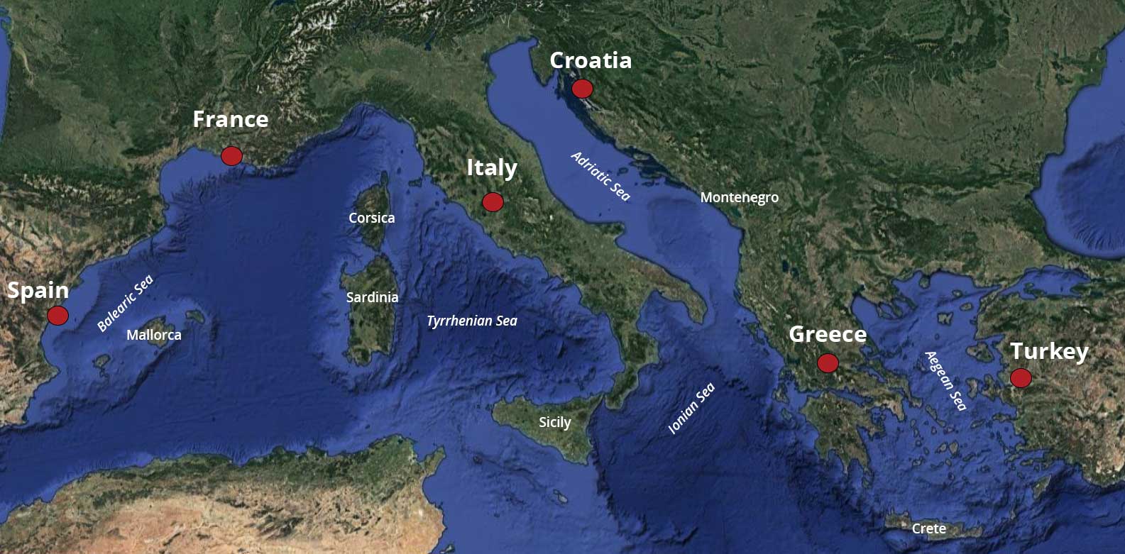 Mediterranean Yacht Charter and Sailing Vacations location map mobile