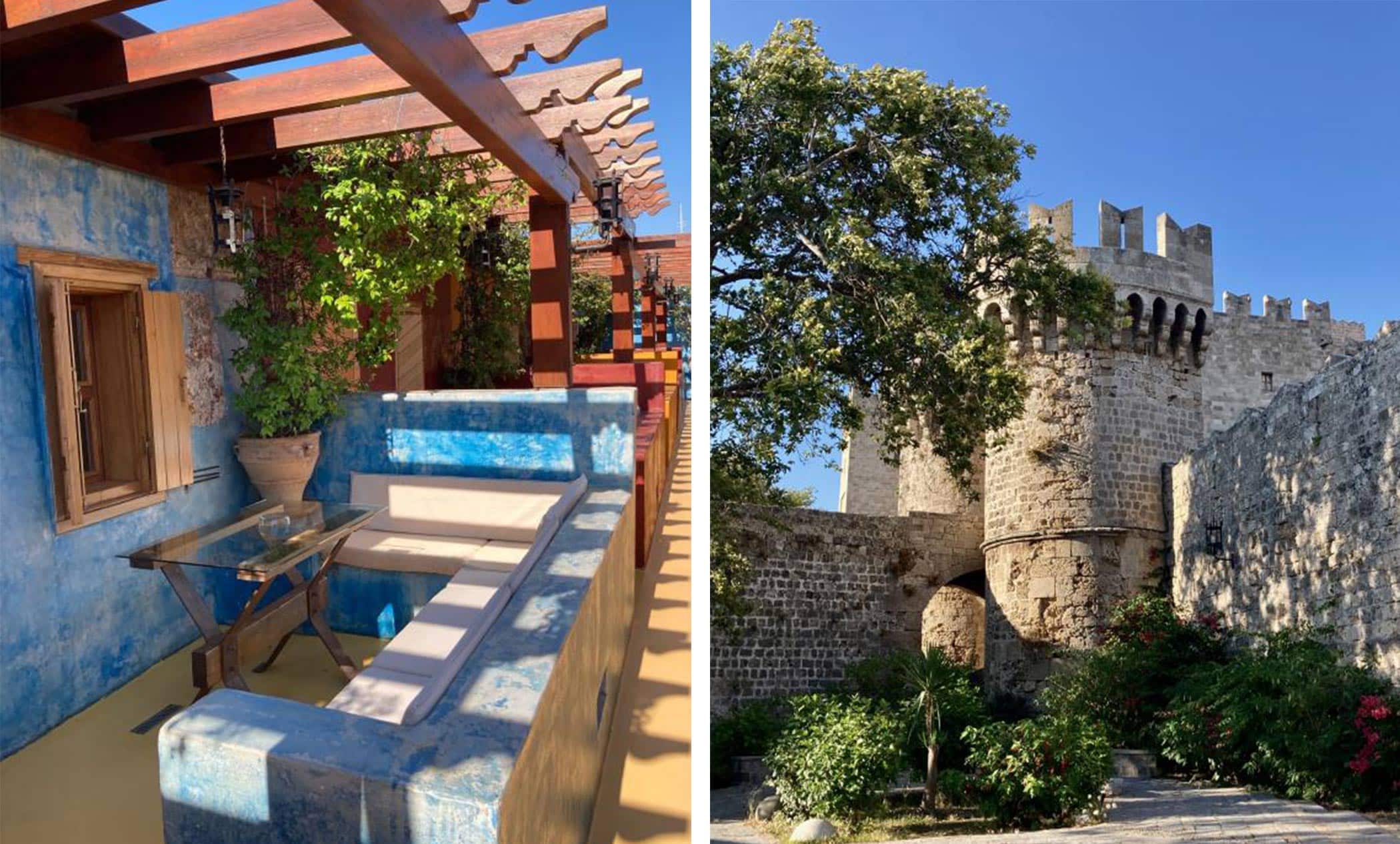 Dodecanese Sailing Itinerary - image of a beautiful outdoor patio and one of old town rhodes, a stone city wall