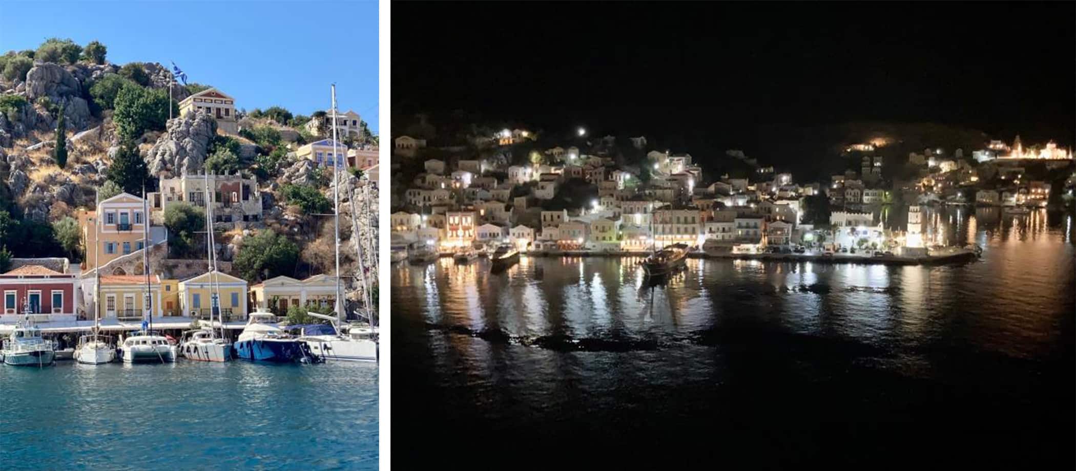 Dodecanese Sailing Itinerary - sailboats docked in the harbor during the day and at night