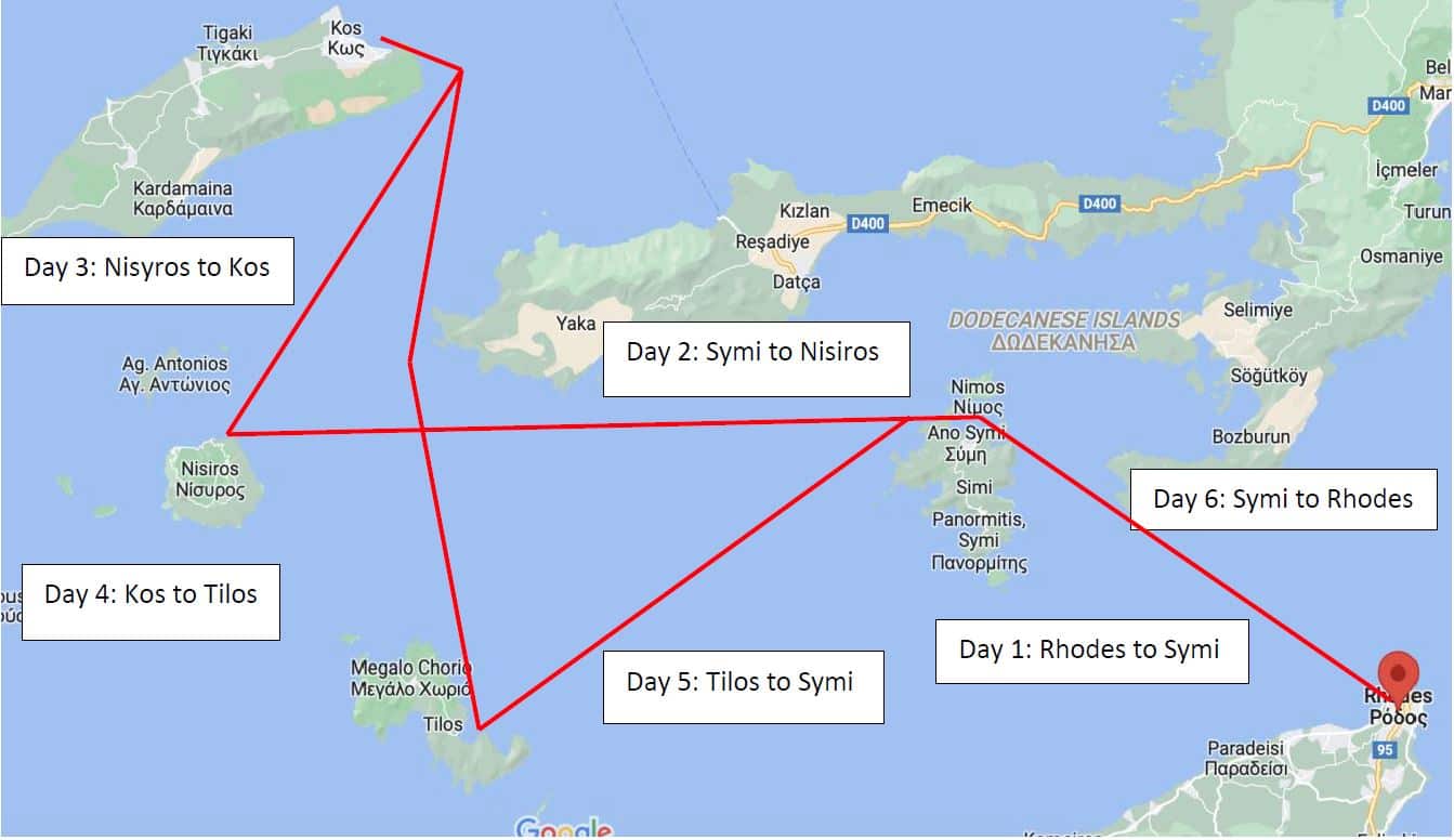 Dodecanese Sailing Itinerary - map of rhodes and dodecanese charter sailing trip