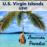 Woman swinging on a tire under a palm tree in U.S. Virgin Islands' crystal clear waters, labeled American Paradise.