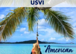 Woman swinging on a tire under a palm tree in U.S. Virgin Islands' crystal clear waters, labeled American Paradise.