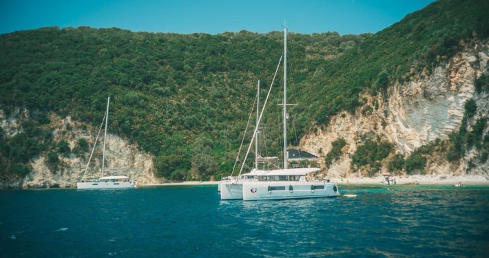 catamaran anchored in tropical destination