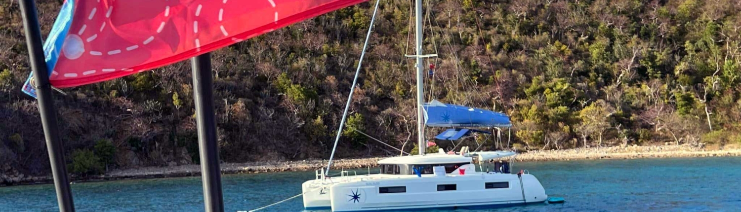 Catamaran sailing near a scenic shoreline, with a red NauticEd flag fluttering in the breeze.