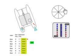 Boat control interface with helm and engine settings for port and starboard propulsion maneuvering.