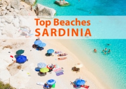 Aerial view of colorful umbrellas and clear blue water at a top beach in Sardinia, Italy, perfect for summer vacations.