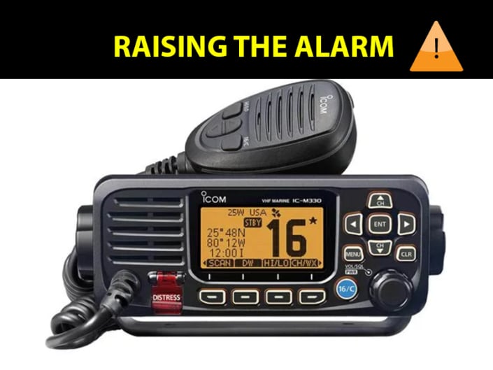 VHF marine radio with distress alert, important for boating safety and emergency communication.