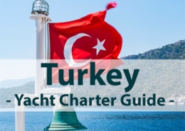 Turkey yacht charter guide with national flag and scenic coastal backdrop. Perfect for sailing vacations.