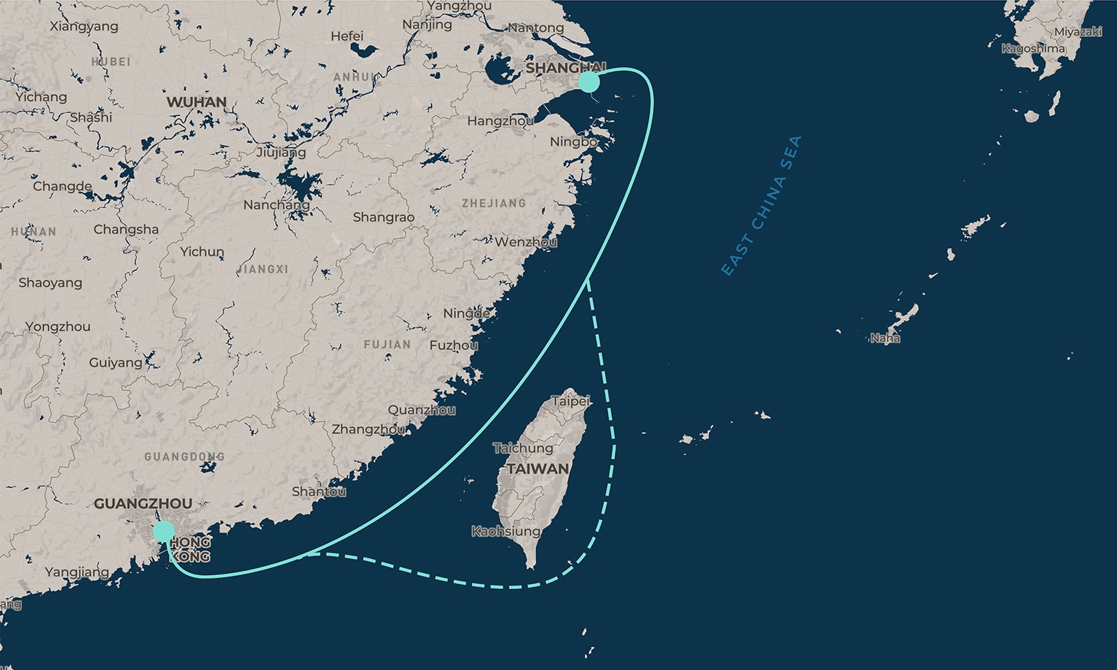 Clipper sailing ship route from Shanghai to Hong Kong