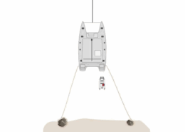 Top view of a catamaran securely anchored with two lines, showcasing an optimal technique for stable mooring.