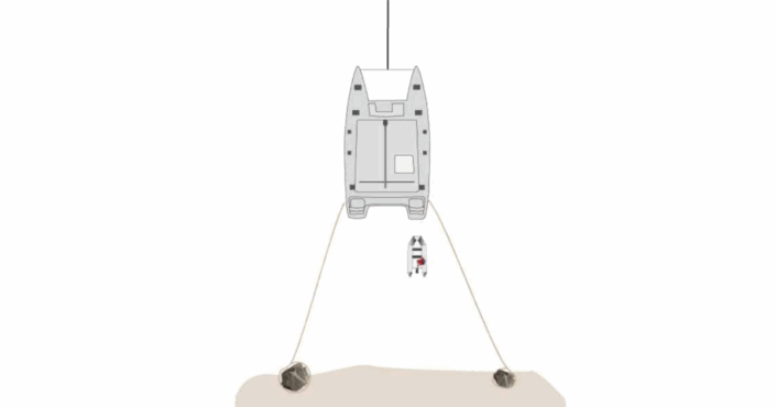 Top view of a catamaran securely anchored with two lines, showcasing an optimal technique for stable mooring.