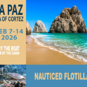 La Paz Sea of Cortez sailing event, Feb 7-14, 2026. Scenic beach with rock formations. Nauticed Flotilla adventure.