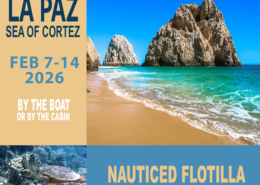 La Paz Sea of Cortez sailing event, Feb 7-14, 2026. Scenic beach with rock formations. Nauticed Flotilla adventure.