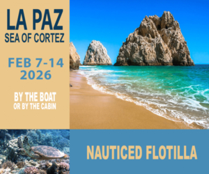 La Paz Sea of Cortez sailing event, Feb 7-14, 2026. Scenic beach with rock formations. Nauticed Flotilla adventure.