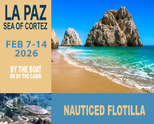 La Paz Sea of Cortez sailing event, Feb 7-14, 2026. Scenic beach with rock formations. Nauticed Flotilla adventure.