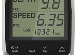 Raymarine sailing instrument displaying depth of 9.8 feet and speed of 6.35 knots, with log reading 10321 NM.