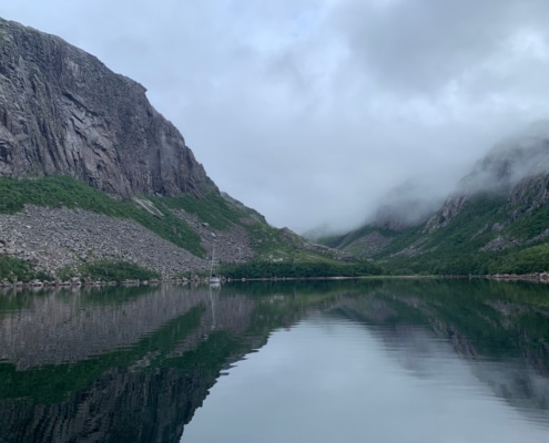 Windflower anchored at the head of the fjord Devil Bay