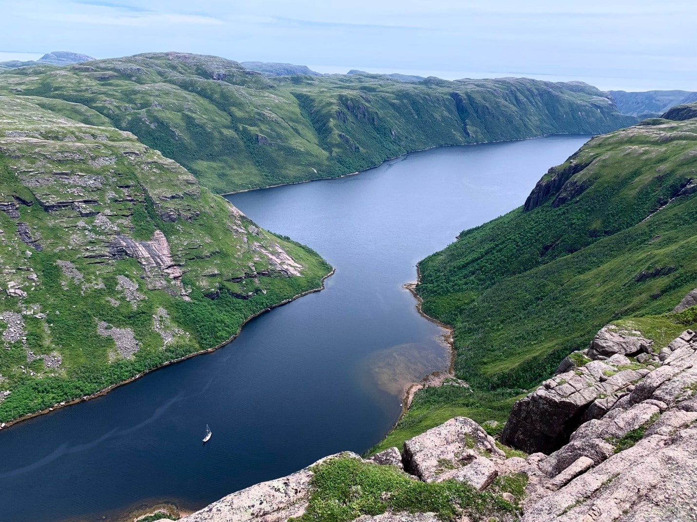 Windflower anchored at the head of the fjord Aviron Bay