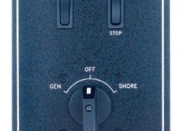 Boat generator control panel with preheat and start switches; toggle between gen and shore power.