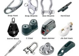 Assorted sailboat hardware: snap hook, swivel block, cleats, shackles, rope jammer, jib sail hank, turnbuckle, pad eye.