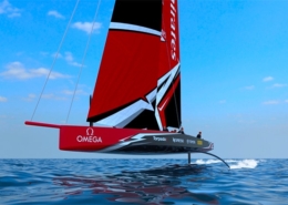 Sleek red sailboat gliding on blue water with foils, under a clear sky.