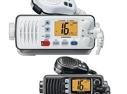 Marine VHF radios with microphones tuned to channel 16, essential for communication and safety at sea.